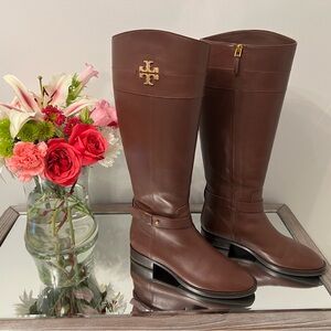 Tory Burch Dark Brown Leather Tall Riding Boots with Gold Logo
